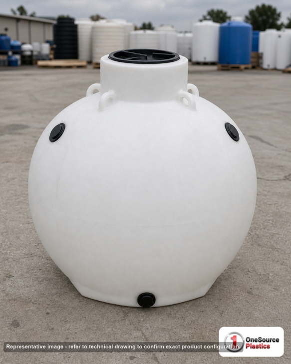 Norwesco 250 Gallon Plastic Underground Water Storage Cistern Tank. Polyethylene; White; dimensions 56.0in H x 47.0in W x 47.0in L; 79.0 lb empty; 1.9 specific gravity rating. Manufacturer part number N-43746. Sold by OneSource Plastics (https://www.onesourceplastics.com).