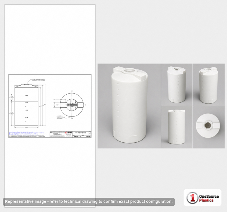 Dimensional spec drawing for Snyder Industries 250 Gallon Vertical Storage Tank (36" L x 36" W x 64" H)