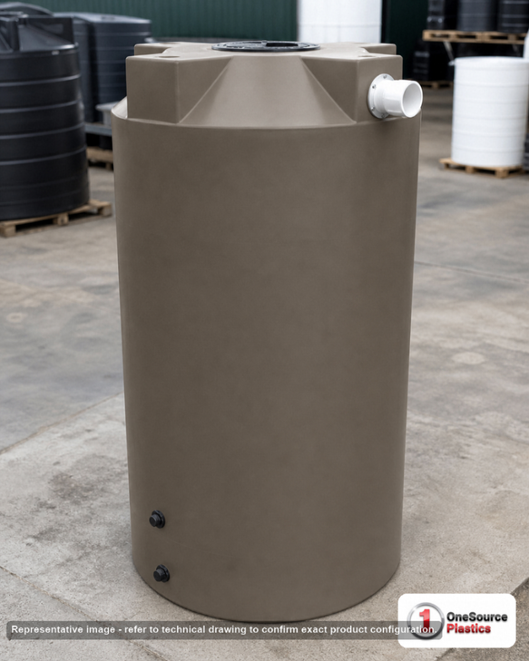 Bushman 250 Gallon Plastic Vertical Rainwater Harvesting Tank in Mocha. 250 gallon capacity; Polyethylene; Mocha; 67" H x