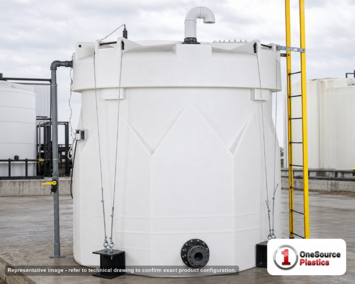 Snyder Industries 2500 Gallon Plastic Vertical Double Wall Liquid Chemical Storage Tank in White. 2500.0 gallon capacity; High Density Linear Polyethylene; White; dimensions 122.0in H x 102.0in W x 102.0in L; 1420.0 lb empty; 1.9 specific gravity rating; fittings: 1 Manway / Lid; max temp 120 deg  F / 48 deg  C; 3 Year Warranty. Manufacturer part number 5580000n45. Manufactured by Snyder. Sold by OneSource Plastics (https://www.onesourceplastics.