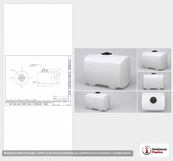 Dimensional spec drawing for Snyder Industries 30 Gallon Vertical Storage Tank (23" L x 23" W x 23" H)