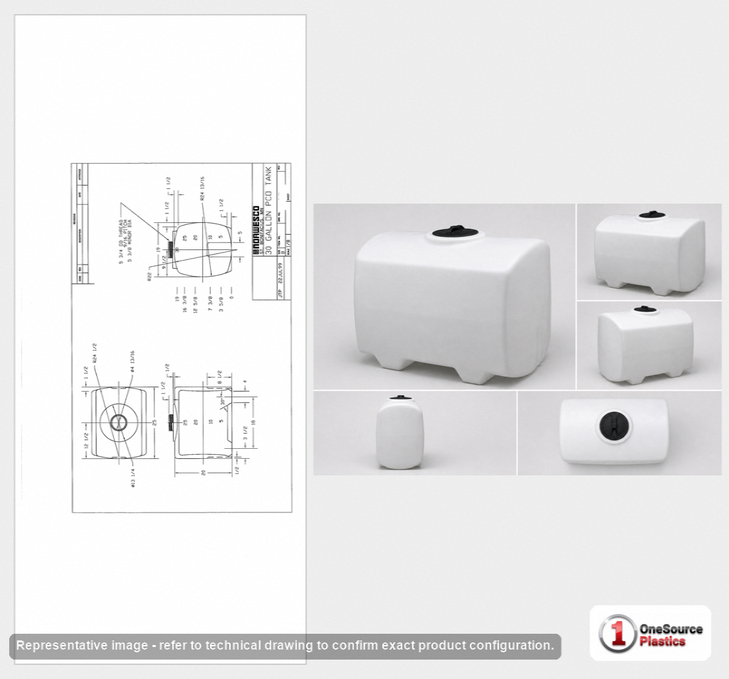 Dimensional spec drawing for Norwesco 30 Gallon PCO Tank (25" L x 19" W x 23" H)