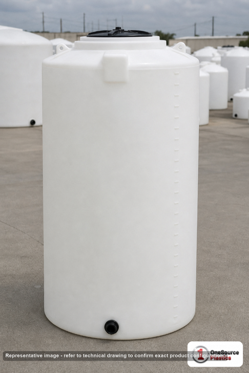Snyder Industries 300 Gallon HDPE Vertical Liquid Storage Tank with ASTM Certification. 300.0 gallon capacity; Polyethylene; White; dimensions 80.0in H x 35.0in W x 35.0in L; 65.0 lb empty; 1.9 specific gravity rating; fittings: 1 Manway / Lid; max temp 120 deg  F / 48 deg  C; 3 Year Warranty. Manufacturer part number 1630000n45. Manufactured by Snyder. Sold by OneSource Plastics (https://www.onesourceplastics.com).