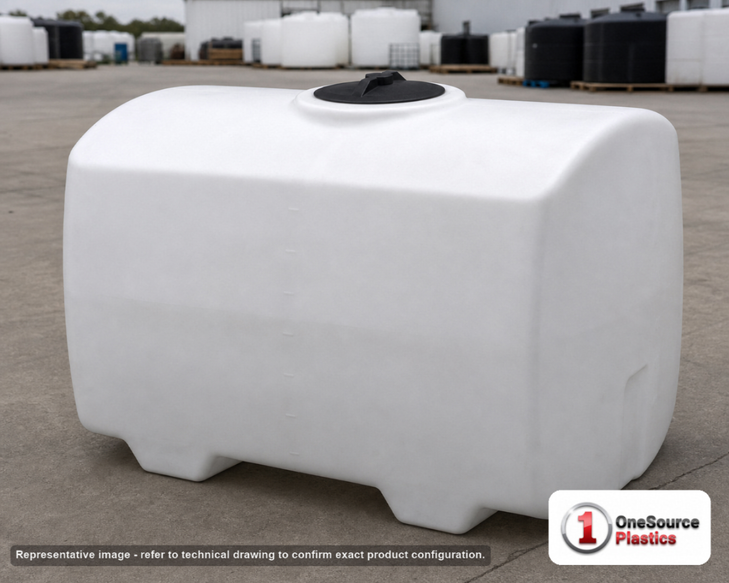Norwesco 300 Gallon Plastic Pest Control Operator Tank in White. Polyethylene; White; dimensions 37.0in H x 36.0in W x 69.0in L; 144.0 lb empty; 1.5 specific gravity rating. Manufacturer part number N-41381. Sold by OneSource Plastics (https://www.onesourceplastics.com).