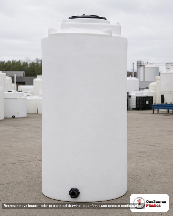 Snyder Industries 300 Gallon Plastic Vertical Water Storage Tank in White. Polyethylene; White; dimensions 80.0in H x 35.0in W x 35.0in L; 71.0 lb empty; 1.0 specific gravity rating. Manufacturer part number SII-WV21. Sold by OneSource Plastics (https://www.onesourceplastics.com).