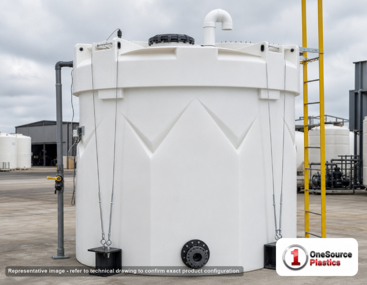 Snyder Industries 3000 Gallon Plastic Vertical Double Wall Liquid Chemical Storage Tank in White. 3000.0 gallon capacity; High Density Linear Polyethylene; White; dimensions 142.0in H x 102.0in W x 102.0in L; 1840.0 lb empty; 1.9 specific gravity rating; fittings: 1 Manway / Lid; max temp 120 deg  F / 48 deg  C; 3 Year Warranty. Manufacturer part number 5590000n45. Manufactured by Snyder. Sold by OneSource Plastics (https://www.onesourceplastics.