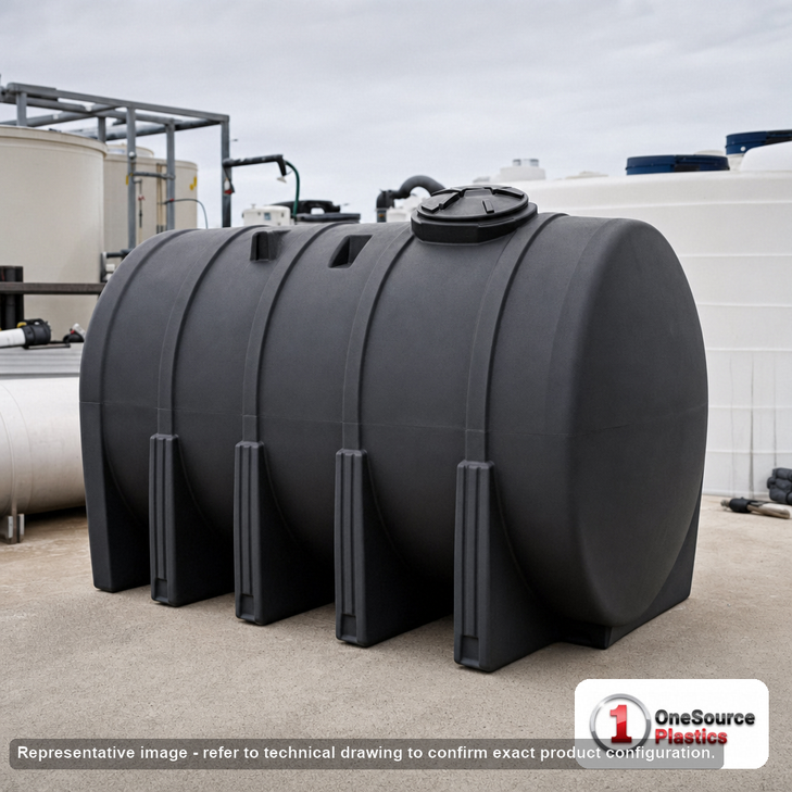 Norwesco 3250 Gallon HDPE Horizontal Leg Tank in Black. 3250 gallon capacity; High Density Linear Polyethylene; Black; dimensions 82.0in H x 88.0in W x 152.0in L; 1053.0 lb empty; 1.9 specific gravity rating; fittings: 3" with 2" Reducer and 3" Siphon tube; max temp 120 deg  F / 48 deg  C; 5 Year Warranty. Manufacturer part number 44603. Manufactured by Norwesco. Sold by OneSource Plastics (https://www.onesourceplastics.com).