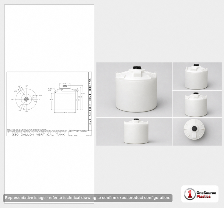 Dimensional spec drawing for Snyder Industries 330 Gallon Vertical Storage Tank (48" L x 48" W x 55" H)