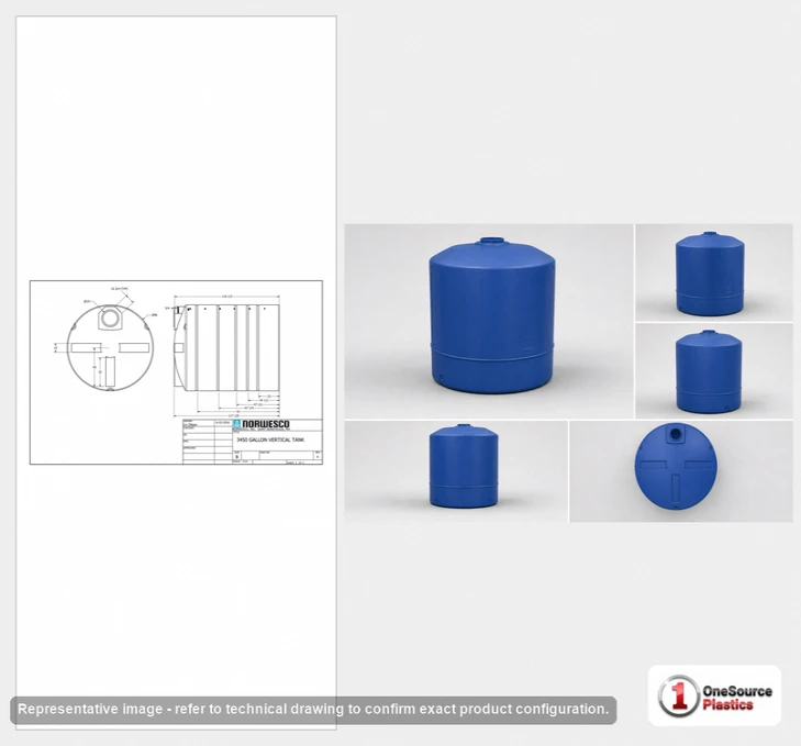 Dimensional spec drawing for Norwesco 3450 Gallon Vertical Storage Tank (96" L x 96" W x 120" H)