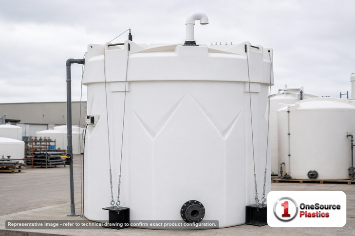 Snyder Industries 3500 Gallon Plastic Vertical Double Wall Liquid Chemical Storage Tank in White. 3500.0 gallon capacity; High Density Linear Polyethylene; White; dimensions 158.0in H x 102.0in W x 102.0in L; 2500.0 lb empty; 1.9 specific gravity rating; fittings: 1 Manway / Lid; max temp 120 deg  F / 48 deg  C; 3 Year Warranty. Manufacturer part number 5600000n45. Manufactured by Snyder. Sold by OneSource Plastics (https://www.onesourceplastics.