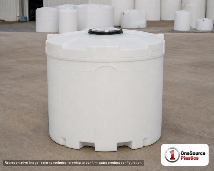 Snyder Industries 360 Gallon Plastic Vertical Double Wall Liquid Chemical Storage Tank. 360.0 gallon capacity; High Density Linear Polyethylene; White; dimensions 63.0in H x 53.0in W x 53.0in L; 250.0 lb empty; 1.9 specific gravity rating; fittings: 1 Manway / Lid; max temp 120 deg  F / 48 deg  C; 3 Year Warranty. Manufacturer part number 5760102n45. Manufactured by Snyder. Sold by OneSource Plastics (https://www.onesourceplastics.com).