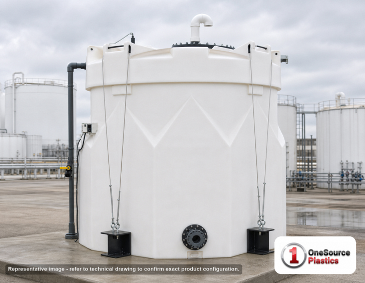 Snyder Industries 4500 Gallon HDPE Vertical Double Wall Liquid Chemical Storage Tank in White. 4500.0 gallon capacity; High Density Linear Polyethylene; White; dimensions 197.0in H x 102.0in W x 102.0in L; 3800.0 lb empty; 1.9 specific gravity rating; fittings: 1 Manway / Lid; max temp 120 deg  F / 48 deg  C; 3 Year Warranty. Manufacturer part number 5620000n52. Sold by OneSource Plastics (https://www.onesourceplastics.com).