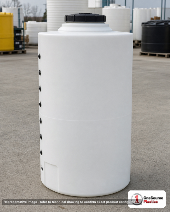 Snyder Industries 50 Gallon HDPE Vertical Liquid Storage Tank with ASTM Certification. 50.0 gallon capacity; Polyethylene; White; dimensions 38.0in H x 23.0in W x 23.0in L; 26.0 lb empty; 1.9 specific gravity rating; fittings: 1 Manway / Lid; max temp 120 deg  F / 48 deg  C; 3 Year Warranty. Manufacturer part number 1540700n45. Manufactured by Snyder. Sold by OneSource Plastics (https://www.onesourceplastics.com).