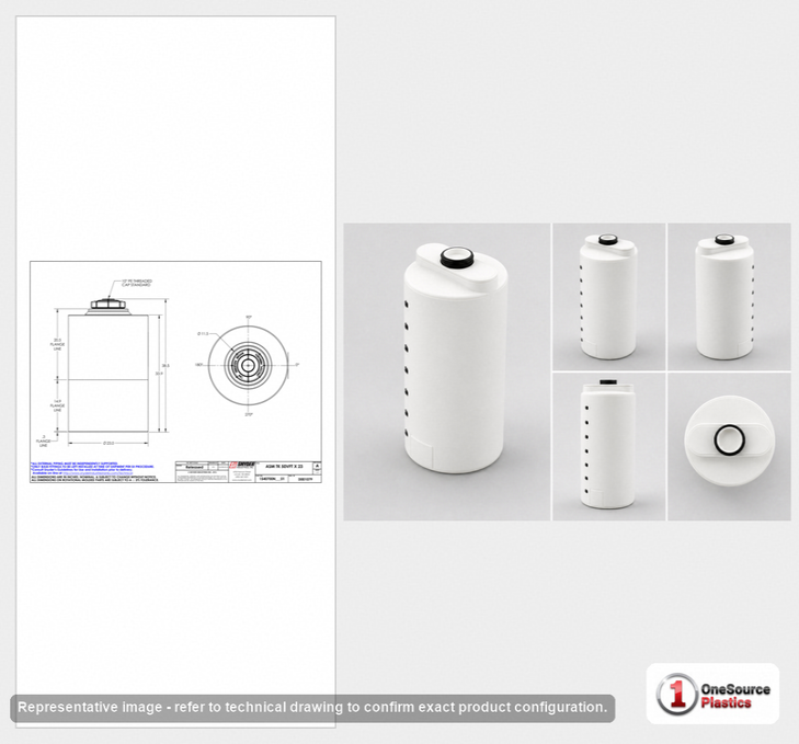 Dimensional spec drawing for Snyder Industries 50 Gallon Vertical Storage Tank (23" L x 23" W x 38" H)
