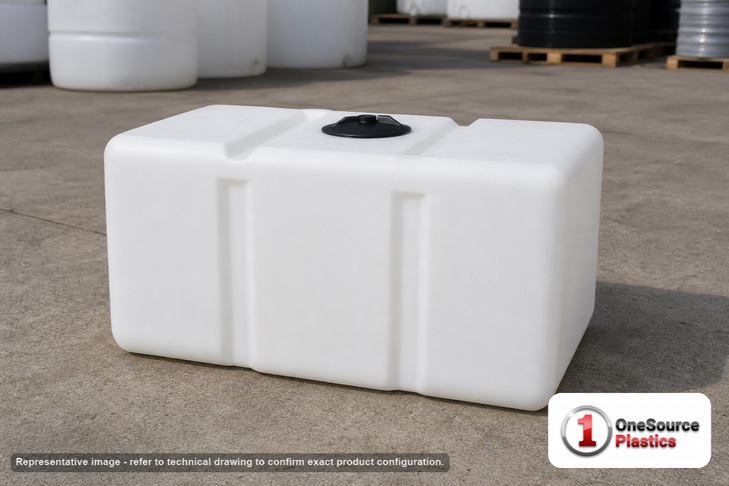 Norwesco 50 Gallon Plastic Portable Loaf Utility Tank. Polyethylene; White; dimensions 16.0in H x 20.0in W x 48.0in L; 26.0 lb empty; 1.5 specific gravity rating. Manufacturer part number N-44962. Sold by OneSource Plastics (https://www.onesourceplastics.com).