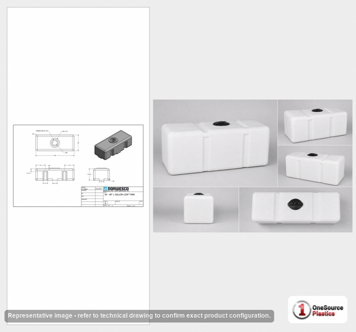 Dimensional spec drawing for Norwesco 50 Gallon Loaf Tank (48" L x 20" W x 16" H)