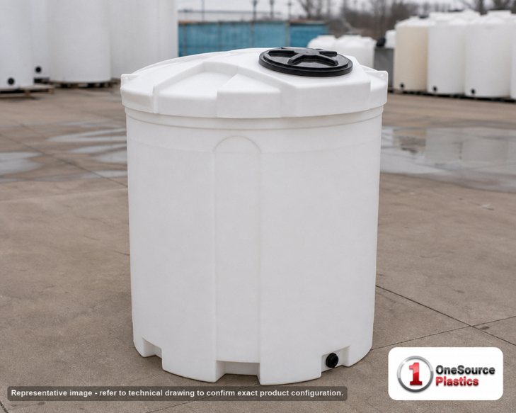 Snyder Industries 500 Gallon Plastic Vertical Double Wall Liquid Chemical Storage Tank in White with Sulfuric Acid Resin. High Density Linear Polyethylene; White; dimensions 81.0in H x 53.0in W x 53.0in L; 290.0 lb empty; 1.9 specific gravity rating. Manufacturer part number SII-5780102N30. Sold by OneSource Plastics (https://www.onesourceplastics.com).
