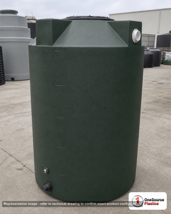 Bushman 500 Gallon Plastic Vertical Rainwater Harvesting Tank in Green. 500.0 gallon capacity; Polyethylene; Green; dimensions 71.0in H x 48.0in W x 48.0in L; 99.0 lb empty; 1.0 specific gravity rating; fittings: 1"; max temp 120 deg  F / 48 deg  C; 3 Year Warranty. Manufacturer part number 30272. Manufactured by Bushman. Sold by OneSource Plastics (https://www.onesourceplastics.com).
