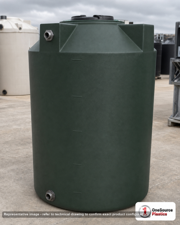 Bushman 500 Gallon Plastic Vertical Water Storage Tank in Dark Green. . Manufacturer part number BM-30299. Sold by OneSource Plastics (https://www.onesourceplastics.com).