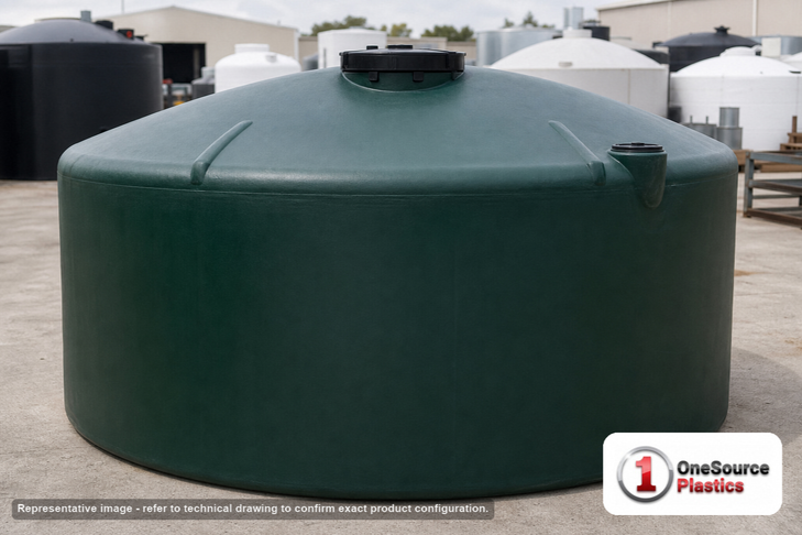 Snyder Industries 5000 Gallon Plastic Vertical Water Storage Tank in Green. High Density Linear Polyethylene; Green; dimensions 93.0in H x 142.0in W x 142.0in L; 798.0 lb empty; 1.0 specific gravity rating. Manufacturer part number SII-32847. Sold by OneSource Plastics (https://www.onesourceplastics.com).
