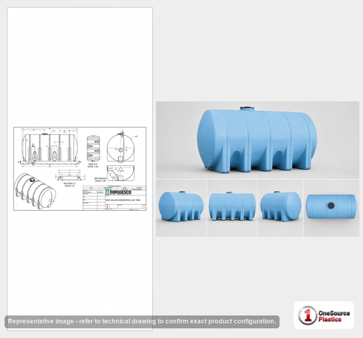 Dimensional spec drawing for Norwesco 5025 Gallon Horizontal Leg Tank (190" L x 92" W x 96" H)