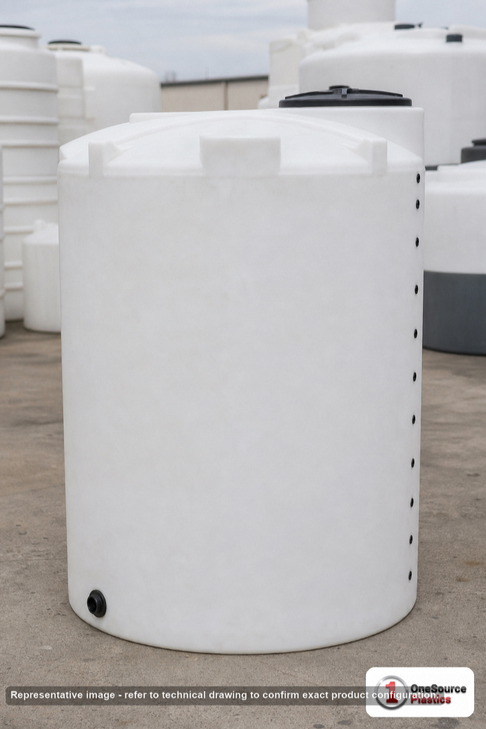 Snyder Industries 550 Gallon HDPE Vertical Liquid Storage Tank with ASTM Certification. 550.0 gallon capacity; Polyethylene; White; dimensions 75.0in H x 48.0in W x 48.0in L; 130.0 lb empty; 1.9 specific gravity rating; fittings: 1 Manway / Lid; max temp 120 deg  F / 48 deg  C; 3 Year Warranty. Manufacturer part number 1800400n45. Manufactured by Snyder. Sold by OneSource Plastics (https://www.onesourceplastics.com).