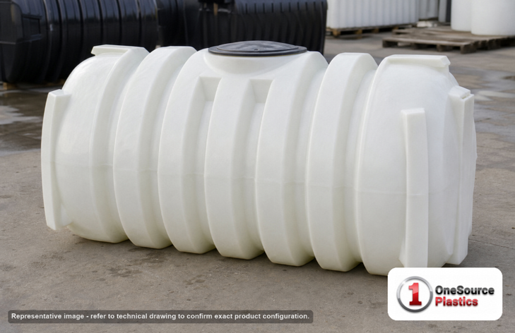 Norwesco 575 Gallon Underground Water Storage Cistern Tank. 575.0 gallon capacity; Polyethylene; White; dimensions 42.0in H x 48.0in W x 97.0in L; 204.0 lb empty; 1.9 specific gravity rating; fittings: 1 Manway / Lid; max temp 130 deg  F / 54 deg  C; 3 Year Warranty. Manufacturer part number 44360. Manufactured by Norwesco. Sold by OneSource Plastics (https://www.onesourceplastics.com).