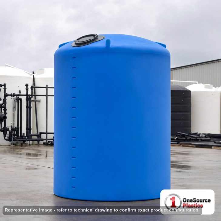 Norwesco 6000 Gallon 15 Degree HDPE Cone Bottom Tank in Blue. 6000 gallon capacity; High Density Linear Polyethylene; Blue; dimensions 195.0in H x 102.0in W x 102.0in L; 1481.0 lb empty; 1.9 specific gravity rating; fittings: 3"; max temp 120 deg  F / 48 deg  C; 5 Year Warranty. Manufacturer part number 40933. Manufactured by Norwesco. Sold by OneSource Plastics (https://www.onesourceplastics.com).
