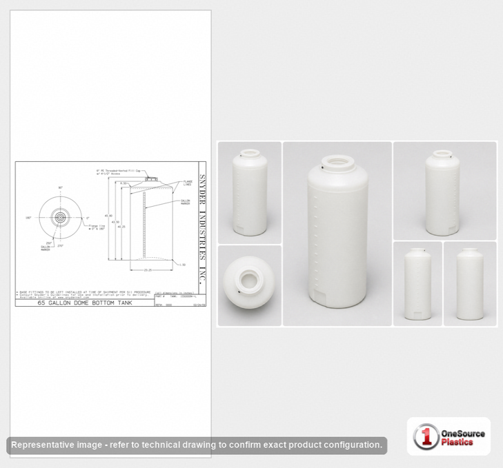 Dimensional spec drawing for Snyder Industries 65 Gallon Vertical Storage Tank (23" L x 23" W x 46" H)