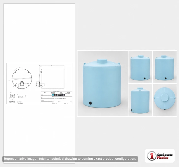 Dimensional spec drawing for Norwesco 6500 Gallon Vertical Storage Tank