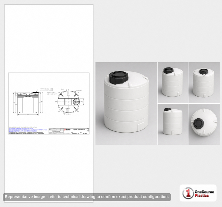 Dimensional spec drawing for Snyder Industries 750 Gallon Double Wall Tank (73" L x 73" W x 66" H)