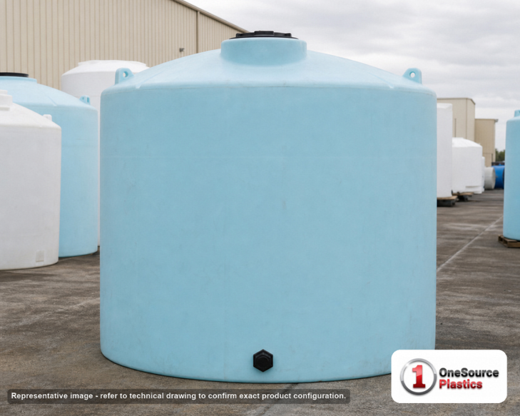 Norwesco 8400 Gallon HDPE Vertical Liquid Storage Tank. High Density Linear Polyethylene; Blue; dimensions 188.0in H x 119.0in W x 119.0in L; 1956.0 lb empty; 1.9 specific gravity rating. Manufacturer part number N-42062. Sold by OneSource Plastics (https://www.onesourceplastics.com).