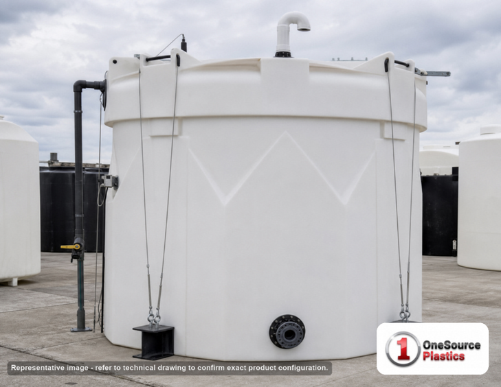 Snyder Industries 8700 Gallon Plastic Vertical Double Wall Liquid Chemical Storage Tank in White. 8700.0 gallon capacity; High Density Linear Polyethylene; White; dimensions 197.0in H x 142.0in W x 142.0in L; 5000.0 lb empty; 1.5 specific gravity rating; fittings: 1 Manway / Lid; max temp 120 deg  F / 48 deg  C; 3 Year Warranty. Manufacturer part number 1006400n43. Manufactured by Snyder. Sold by OneSource Plastics (https://www.onesourceplastics.