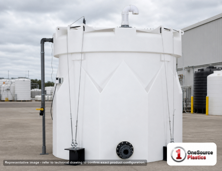 Snyder Industries 4500 Gallon HDLPE Vertical Double Wall Liquid Chemical Storage Tank (1.9 SG). 4500.0 gallon capacity; High Density Linear Polyethylene; White; dimensions 197.0in H x 102.0in W x 102.0in L; 3800.0 lb empty; 1.9 specific gravity rating; fittings: 1 Manway / Lid; max temp 120 deg  F / 48 deg  C; 3 Year Warranty. Manufacturer part number 5620000n45. Sold by OneSource Plastics (https://www.onesourceplastics.com).