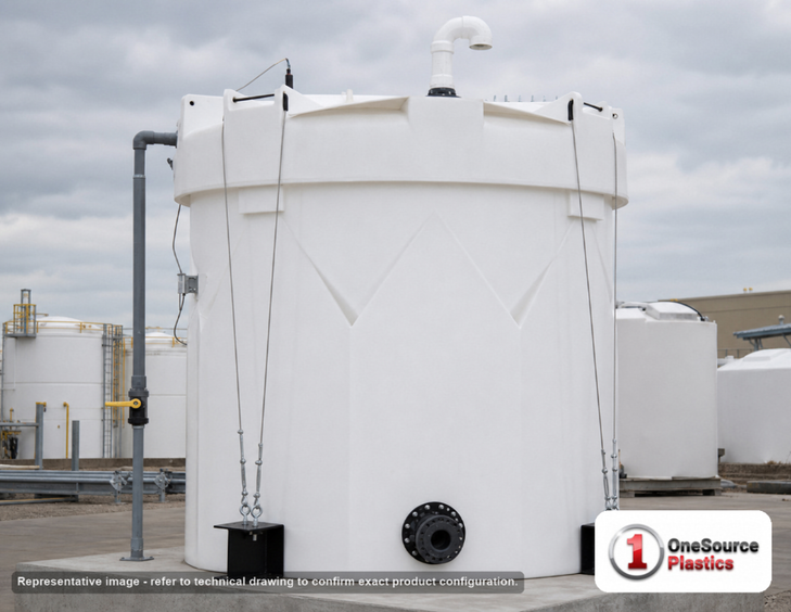 Snyder Industries 6500 Gallon Plastic Vertical Double Wall Liquid Chemical Storage Tank in Opaque White. 6500.0 gallon capacity; High Density Linear Polyethylene; White; dimensions 199.0in H x 120.0in W x 120.0in L; 5300.0 lb empty; 1.9 specific gravity rating; fittings: 1 Manway / Lid; max temp 120 deg  F / 48 deg  C; 3 Year Warranty. Manufacturer part number 5670000n52. Manufactured by Snyder. Sold by OneSource Plastics (https://www.onesourcepl