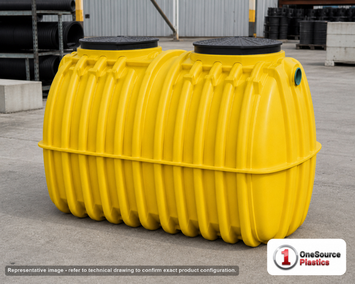 Norwesco 1000 Gallon Plastic Two Compartment Septic Tank with Two Manhole Covers. Polyethylene; Yellow; 63" H x 60" W x 102"