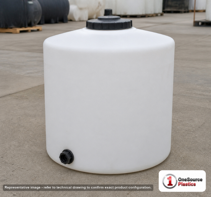 Snyder Industries 120 Gallon Plastic Vertical Liquid Storage Tank in White. Polyethylene; White; dimensions 41.0in H x 32.0in W x 32.0in L; 50.0 lb empty; 1.5 specific gravity rating. Manufacturer part number SII-1540200W94303. Sold by OneSource Plastics (https://www.onesourceplastics.com).