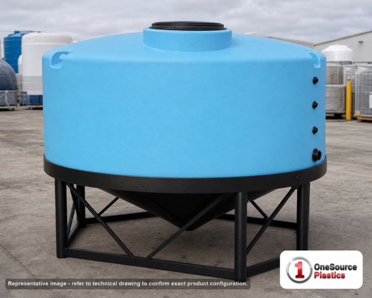 Norwesco 1320 Gallon 15 Degree HDPE Vertical Cone Bottom Tank. 1320 gallon capacity; High Density Linear Polyethylene; Blue