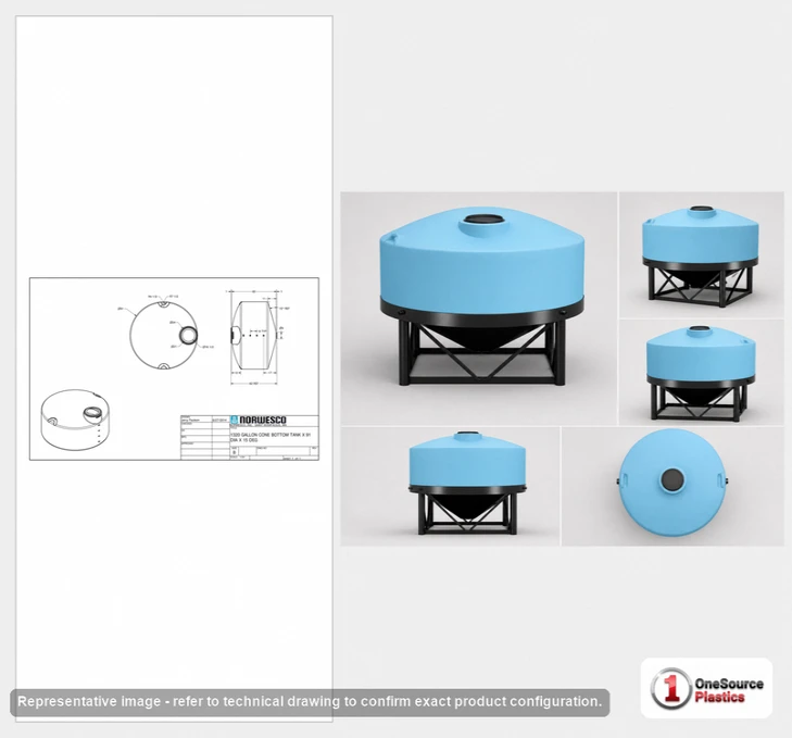 Dimensional spec drawing for Norwesco 1320 Gallon Cone Bottom Tank (91" L x 91" W x 64" H)