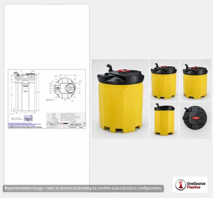 Dimensional spec drawing for Snyder Industries 150 Gallon Waste Oil Tank (34" L x 34" W x 62" H)