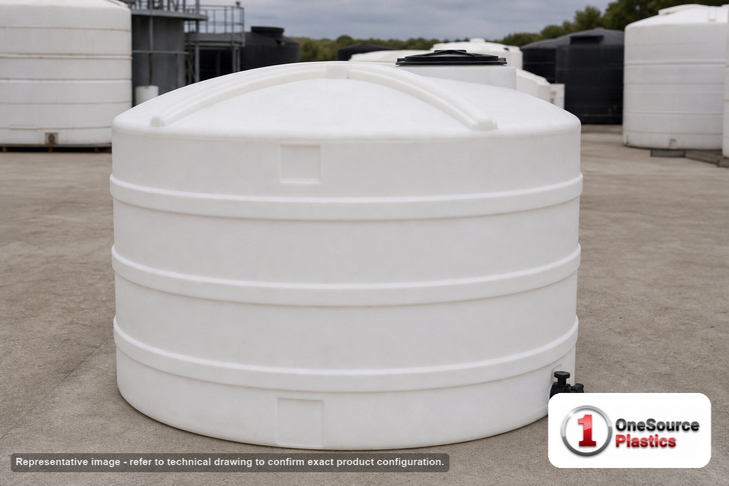 Snyder Industries 1600 Gallon HDPE Vertical Liquid Storage Tank in White. 1600.0 gallon capacity; High Density Linear Polyethylene; White; dimensions 72.0in H x 86.0in W x 86.0in L; 315.0 lb empty; 1.5 specific gravity rating; fittings: 2; 3 Year Warranty. Manufacturer part number 32122. Manufactured by Snyder. Sold by OneSource Plastics (https://www.onesourceplastics.com).