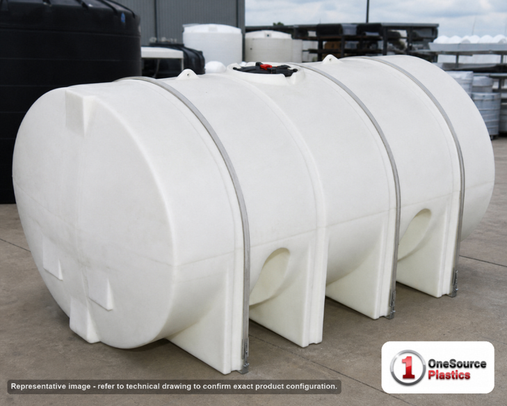 Snyder Industries 1650 Gallon Plastic Horizontal Leg Tank with Securing Hoops. Polyethylene; White; 55" H x 71" W x 142" L.