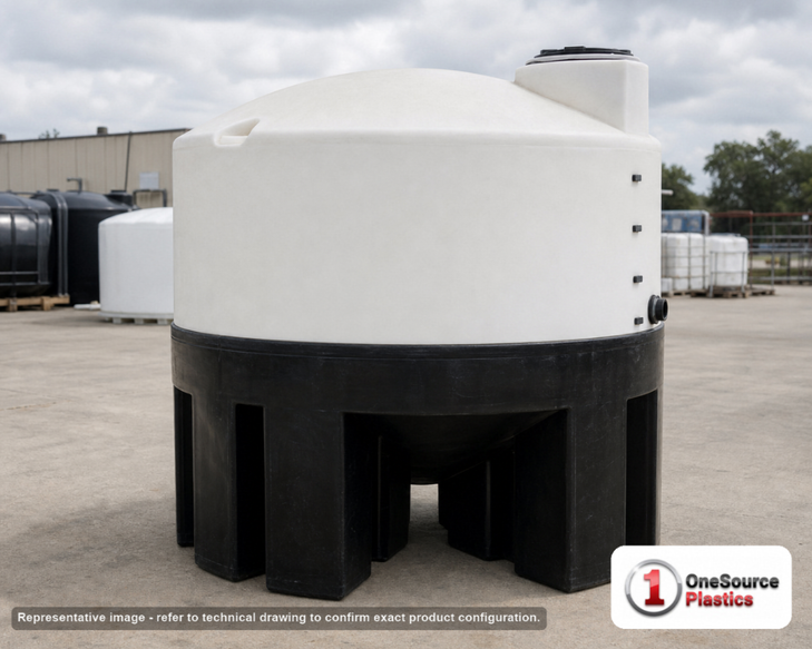 Norwesco 1720 Gallon 15 Degree Plastic Cone Bottom Tank. Polyethylene; White; dimensions 78.0in H x 91.0in W x 91.0in L; 274.0 lb empty; 1.5 specific gravity rating. Manufacturer part number N-44337-C. Sold by OneSource Plastics (https://www.onesourceplastics.com).