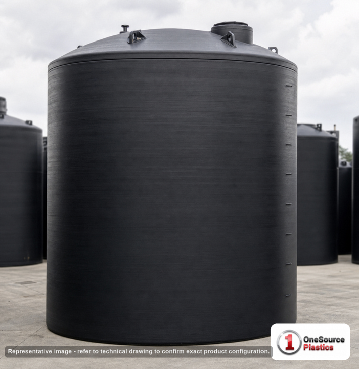 Snyder Industries 18800 Gallon HDPE Vertical Liquid Storage Tank in Black with ASTM Certification. High Density Linear Polyethylene; Black; dimensions 242.0in H x 165.0in W x 165.0in L; 5000.0 lb empty; 1.35 specific gravity rating. Manufacturer part number SII-3030000N33. Sold by OneSource Plastics (https://www.onesourceplastics.com).