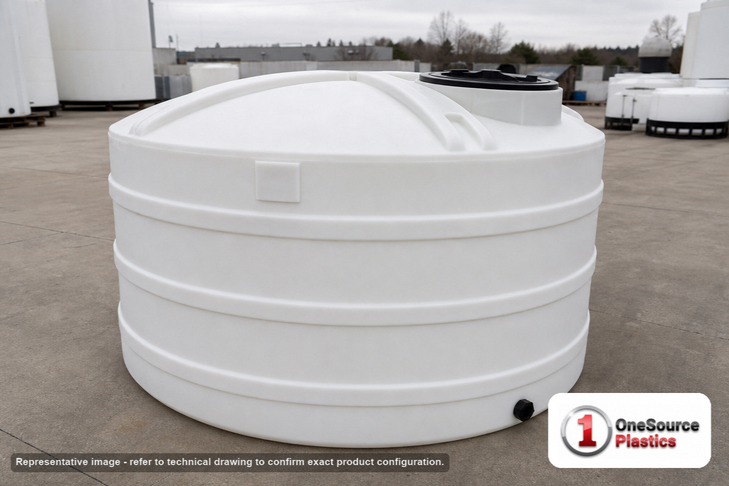 Snyder Industries 2000 Gallon HDPE Vertical Liquid Storage Tank in White. High Density Linear Polyethylene; White; dimensions 73.0in H x 96.0in W x 96.0in L; 426.0 lb empty; 1.5 specific gravity rating. Manufacturer part number SII-32170. Sold by OneSource Plastics (https://www.onesourceplastics.com).