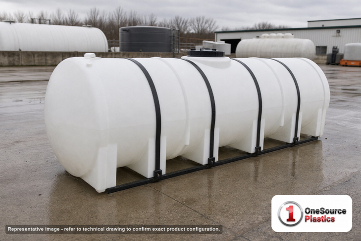 Snyder Industries 2000 Gallon Plastic Horizontal Leg Tank with Securing Hoops. Polyethylene; White; dimensions 70.0in H x 62.0in W x 160.0in L; 580.0 lb empty; 1.9 specific gravity rating. Manufacturer part number SII-7510000N45. Sold by OneSource Plastics (https://www.onesourceplastics.com).