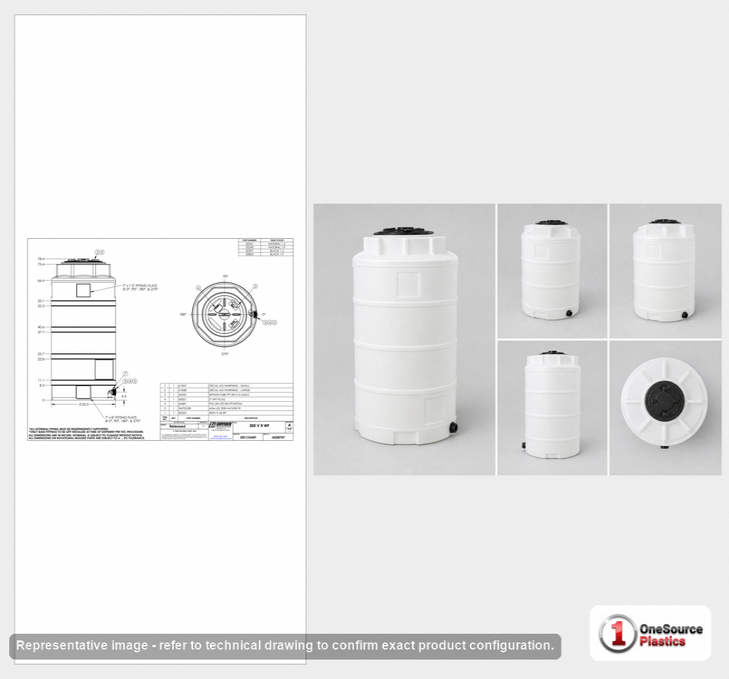 Dimensional spec drawing for Snyder Industries 300 Gallon Vertical Tank (36" L x 36" W x 72" H)