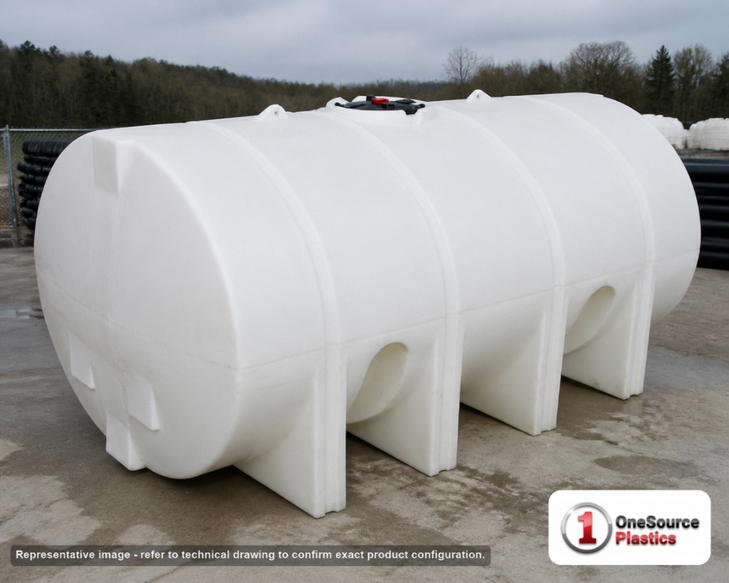 Snyder Industries 3000 Gallon Plastic Horizontal Leg Tank with Securing Hoops. Polyethylene; White; dimensions 76.0in H x 92.0in W x 142.0in L; 1010.0 lb empty; 1.5 specific gravity rating. Manufacturer part number SII-7500000N43. Sold by OneSource Plastics (https://www.onesourceplastics.com).