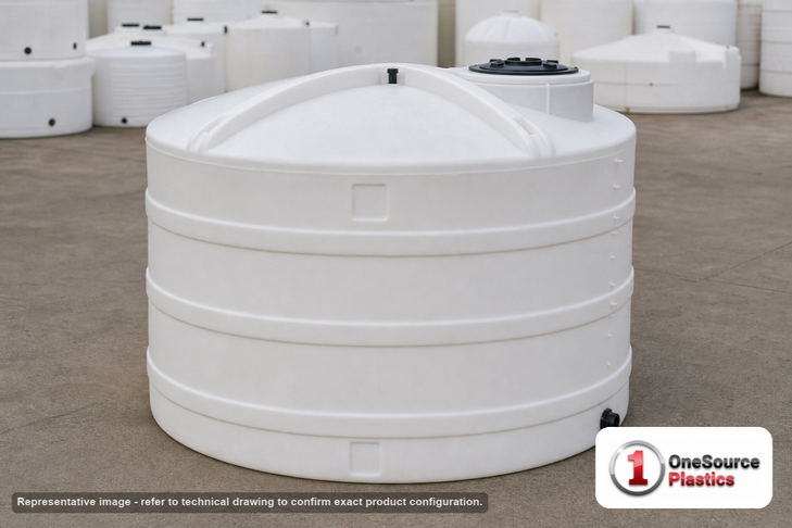Snyder Industries 3000 Gallon Plastic Vertical Liquid Storage Tank. High Density Linear Polyethylene; White; dimensions 97.0in H x 97.0in W x 102.0in L; 750.0 lb empty; 1.5 specific gravity rating. Manufacturer part number SII-32255. Sold by OneSource Plastics (https://www.onesourceplastics.com).