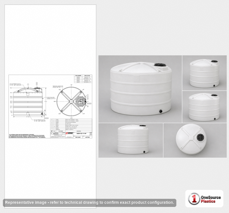 Dimensional spec drawing for Snyder Industries 3000 Gallon Vertical Storage Tank (102" L x 97" W x 97" H)
